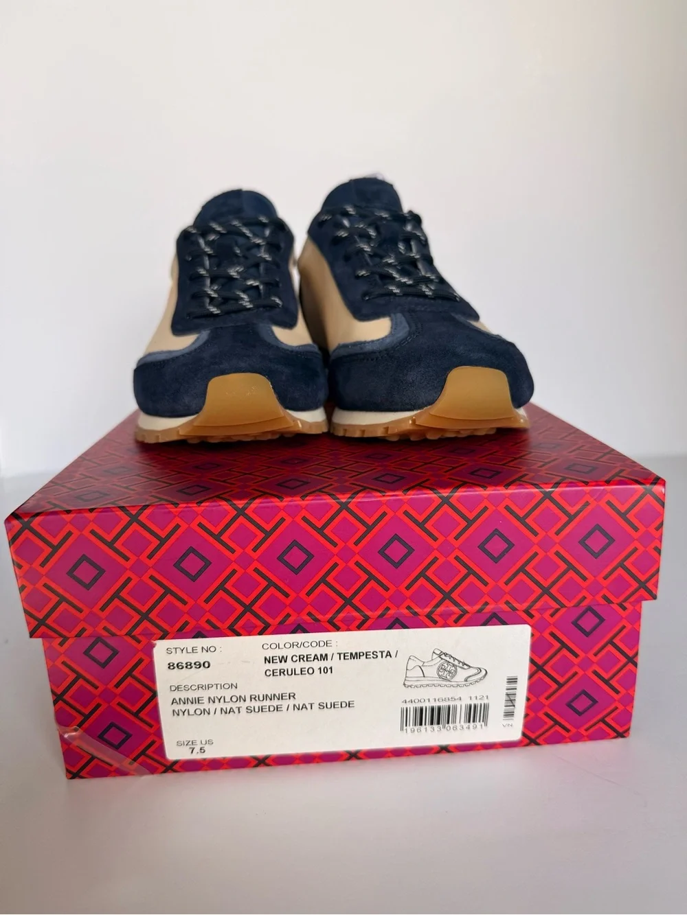 Tory Burch Annie Nylon Runner Sneakers New Cream Tempesta Blue Suede 7.5